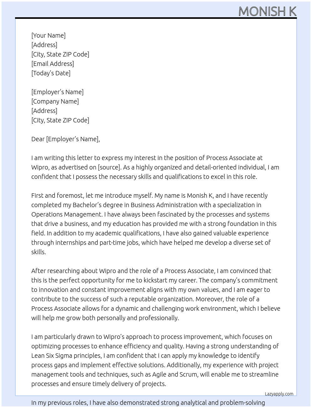 Cover letter for process assiociate - LazyApply