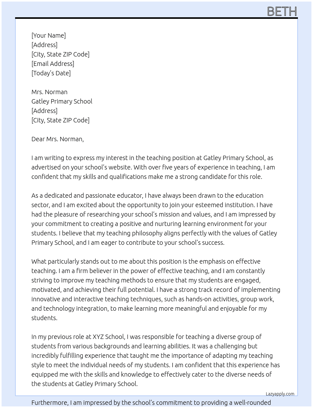 Teacher At Gatley Primary School Cover Letter