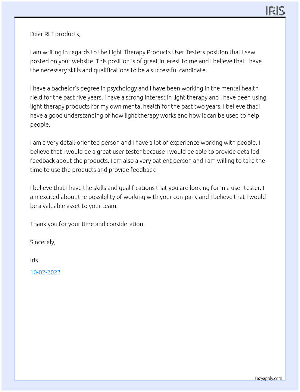 Light Therapy Products User Testers At RLT products Cover Letter