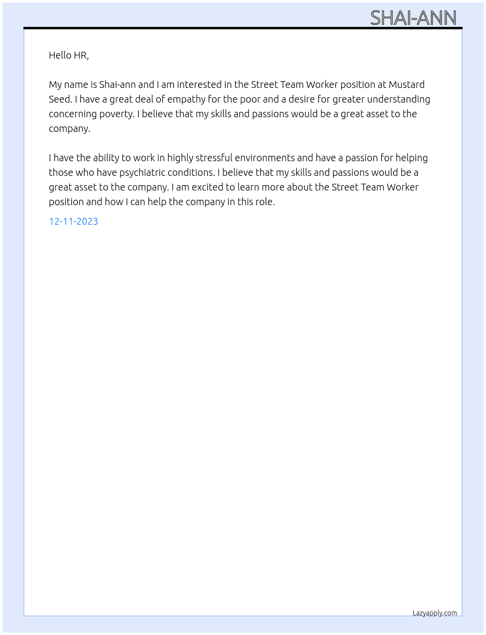 Street Team Worker  At Mustard Seed Cover Letter