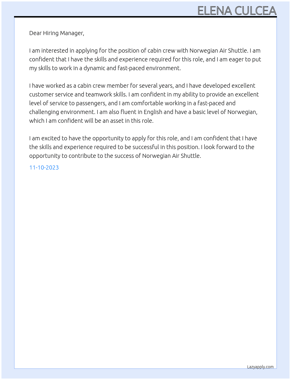 cabin crew At Norwegian Air Shuttle Cover Letter