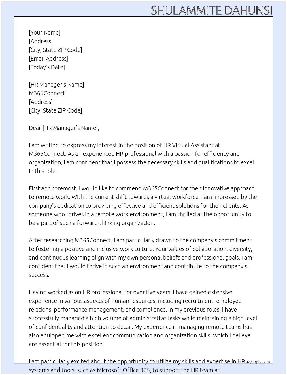 HR Virtual Assistant - Remote At M365Connect Cover Letter