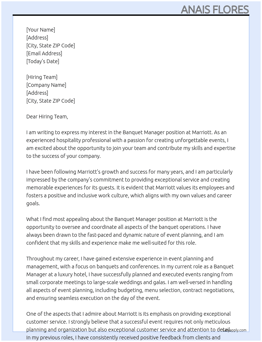 Banquet Manager At Marriott Cover Letter