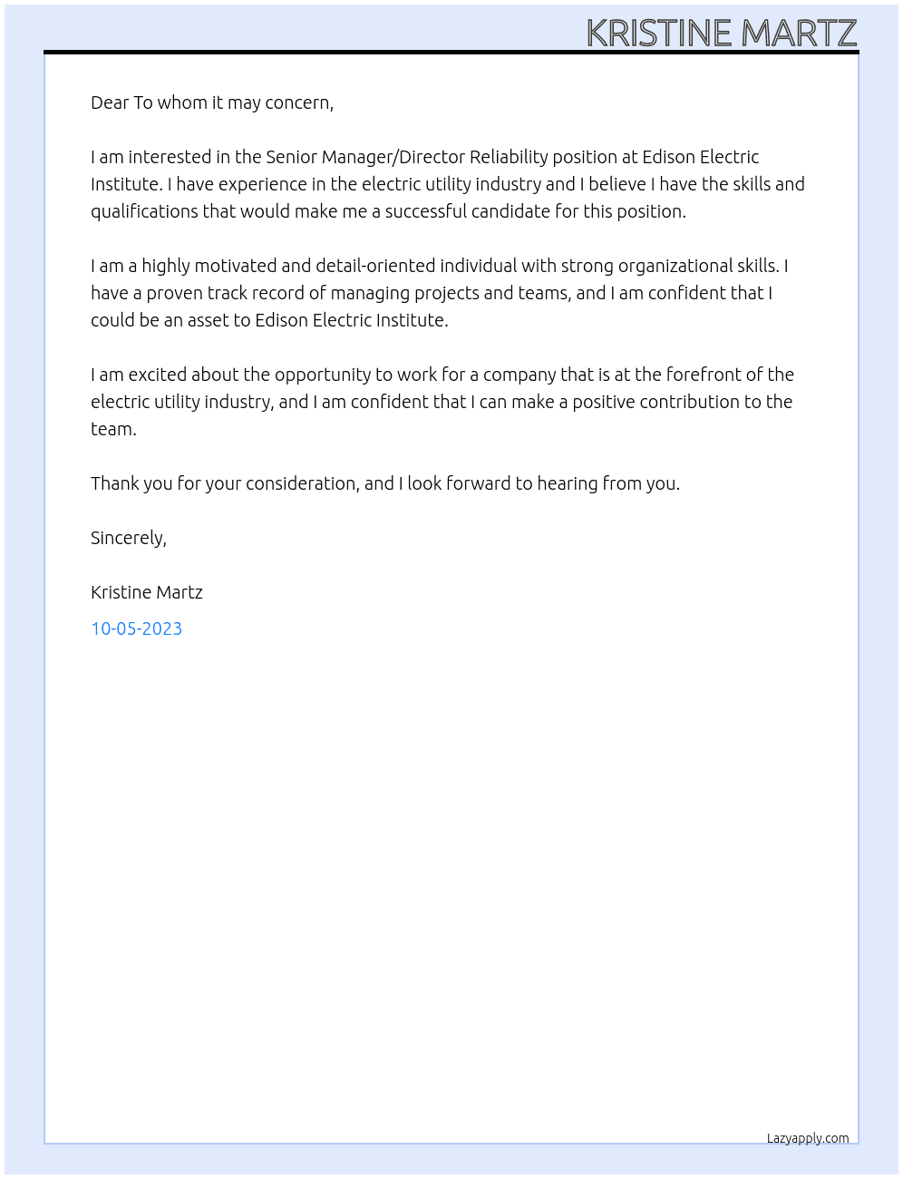 Senior Manager/Director Reliability At Edison Electric Institute Cover Letter
