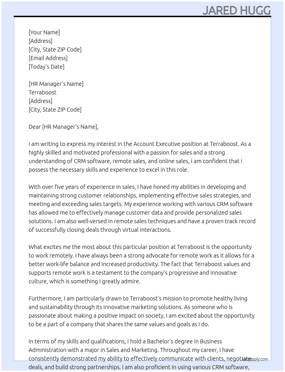 Account axecutive At Terraboost Cover Letter
