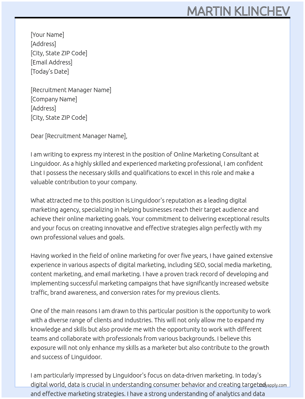 Online marketing consultant At Linguidoor Cover Letter