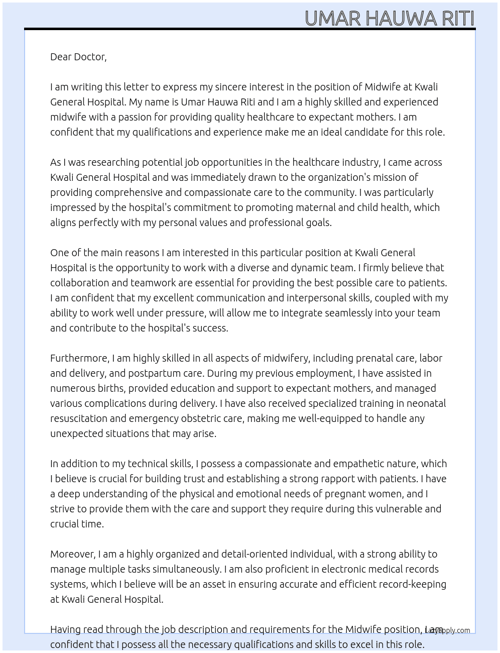 MIDEWIFE At KWALI GENERAL HOSPITAL Cover Letter
