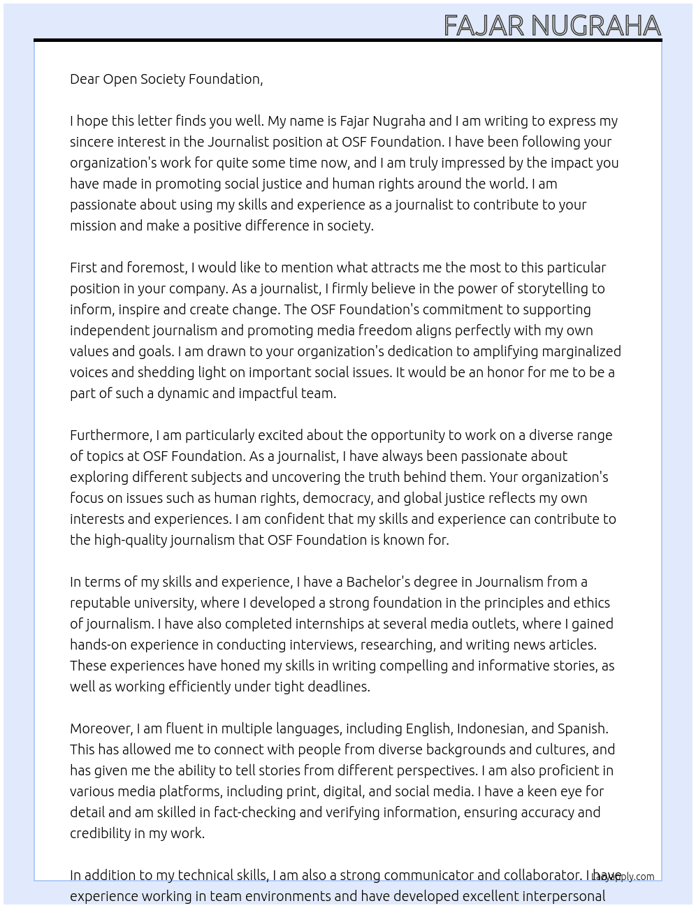 Journalist At OSF Foundation Cover Letter