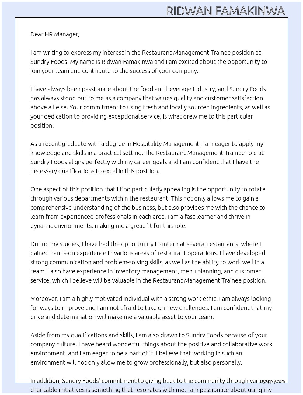 Restaurant Management Trainee At Sundry foods Cover Letter