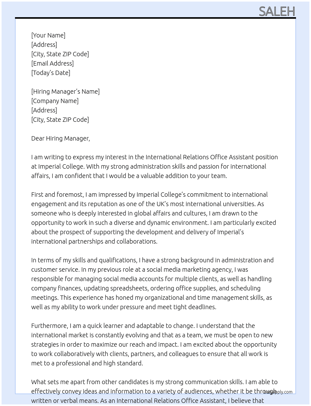 International Relations Office Assistant At Imperial College  Cover Letter