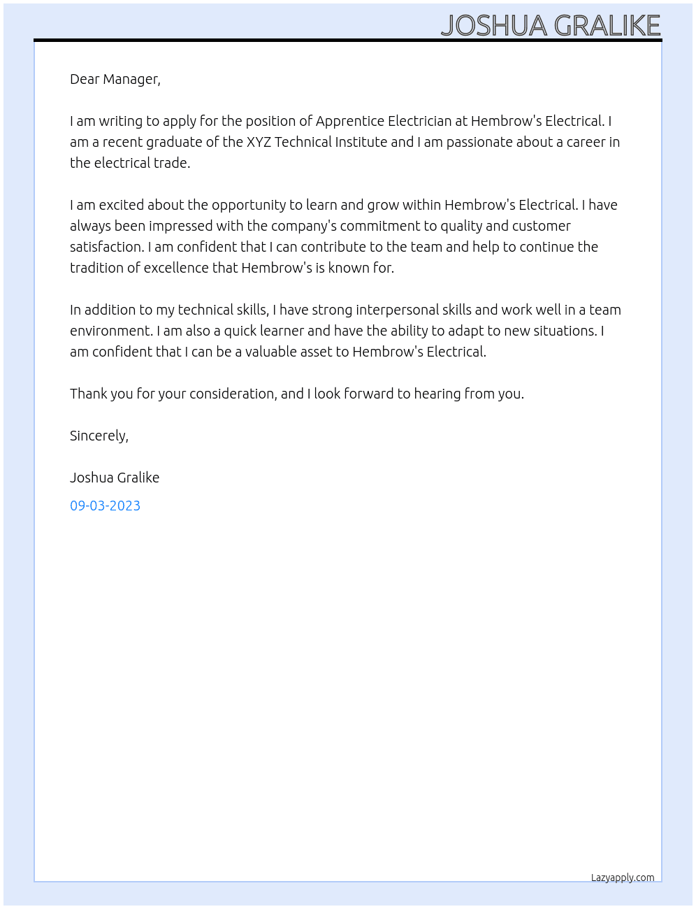 Apprentice Electrician  At Hembrow's Electrical Cover Letter