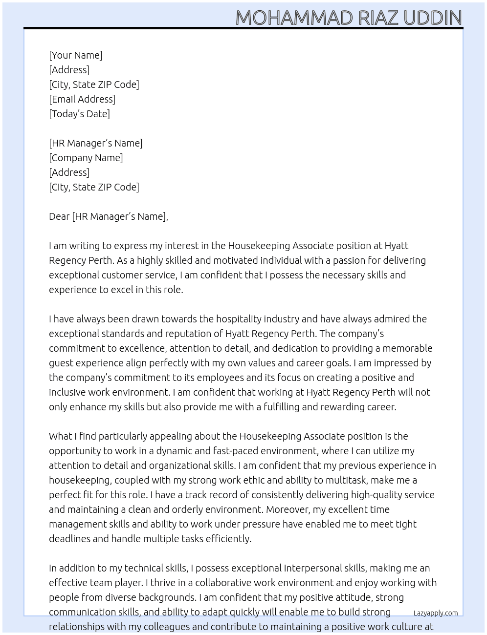 Housekeeping Associate At Hyatt Regency Perth Cover Letter