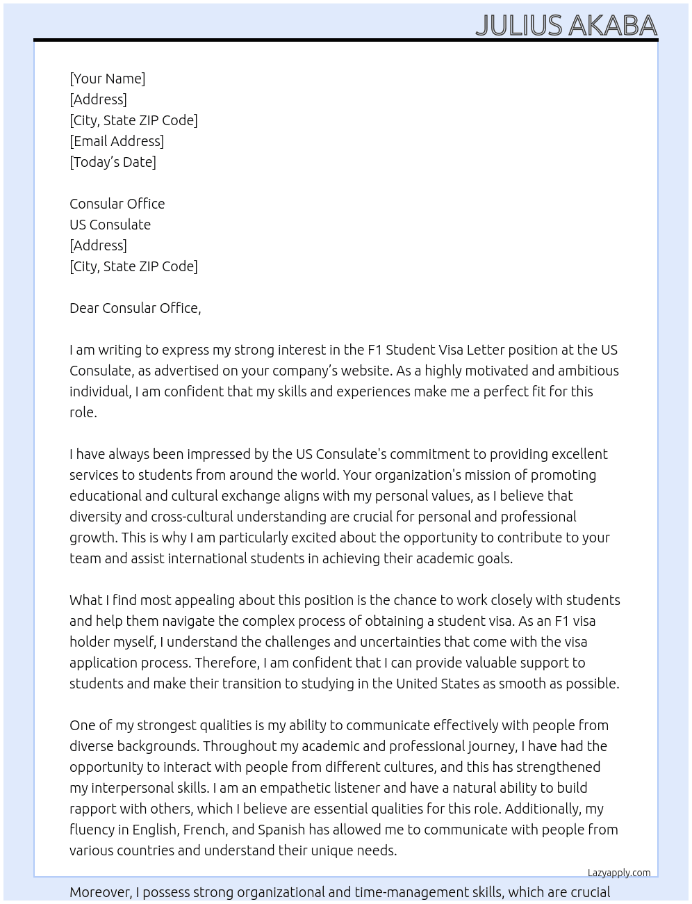 F1 student visa letter At Us consulate Cover Letter