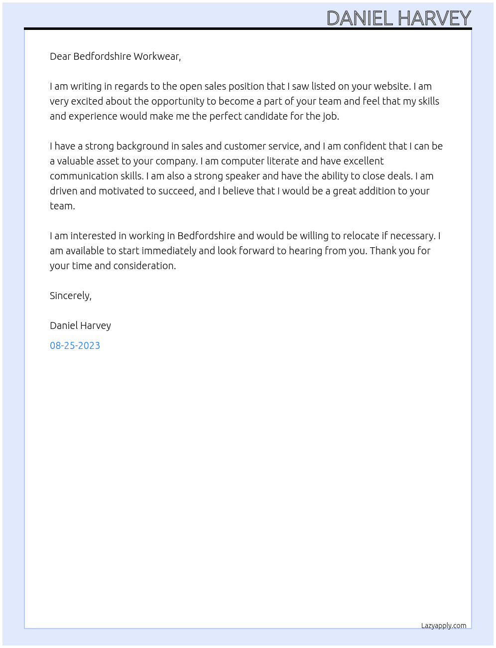Sales At Bedfordshire Workwear Cover Letter