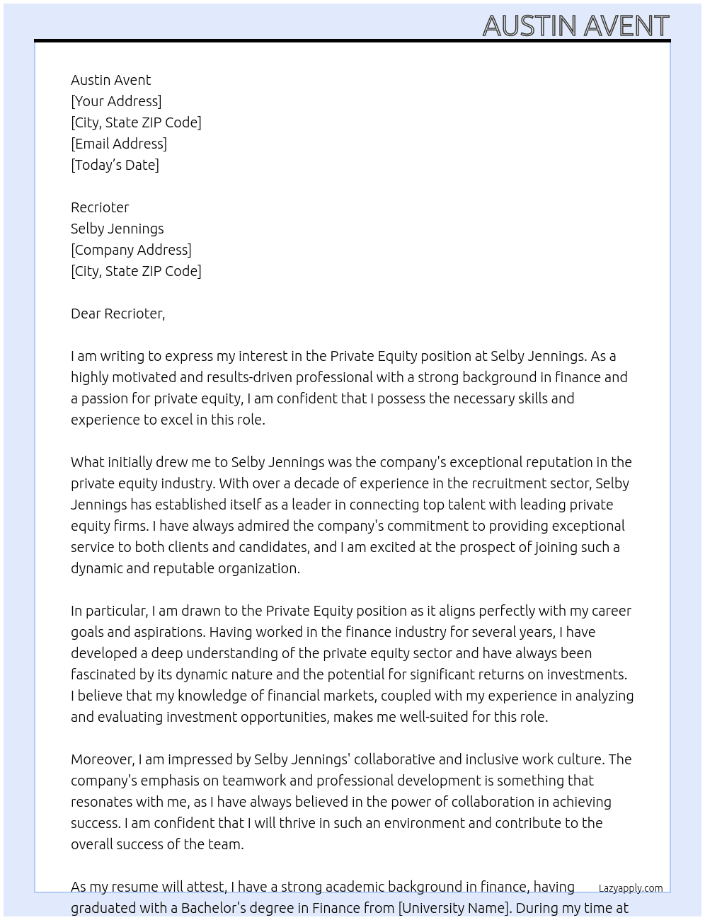 private equity At Selby Jennings Cover Letter