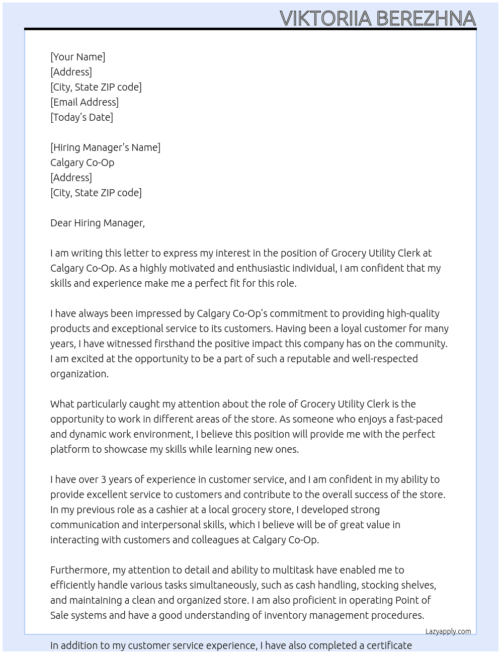 Grocery Utility Clerk At Calgary Co-Op Cover Letter
