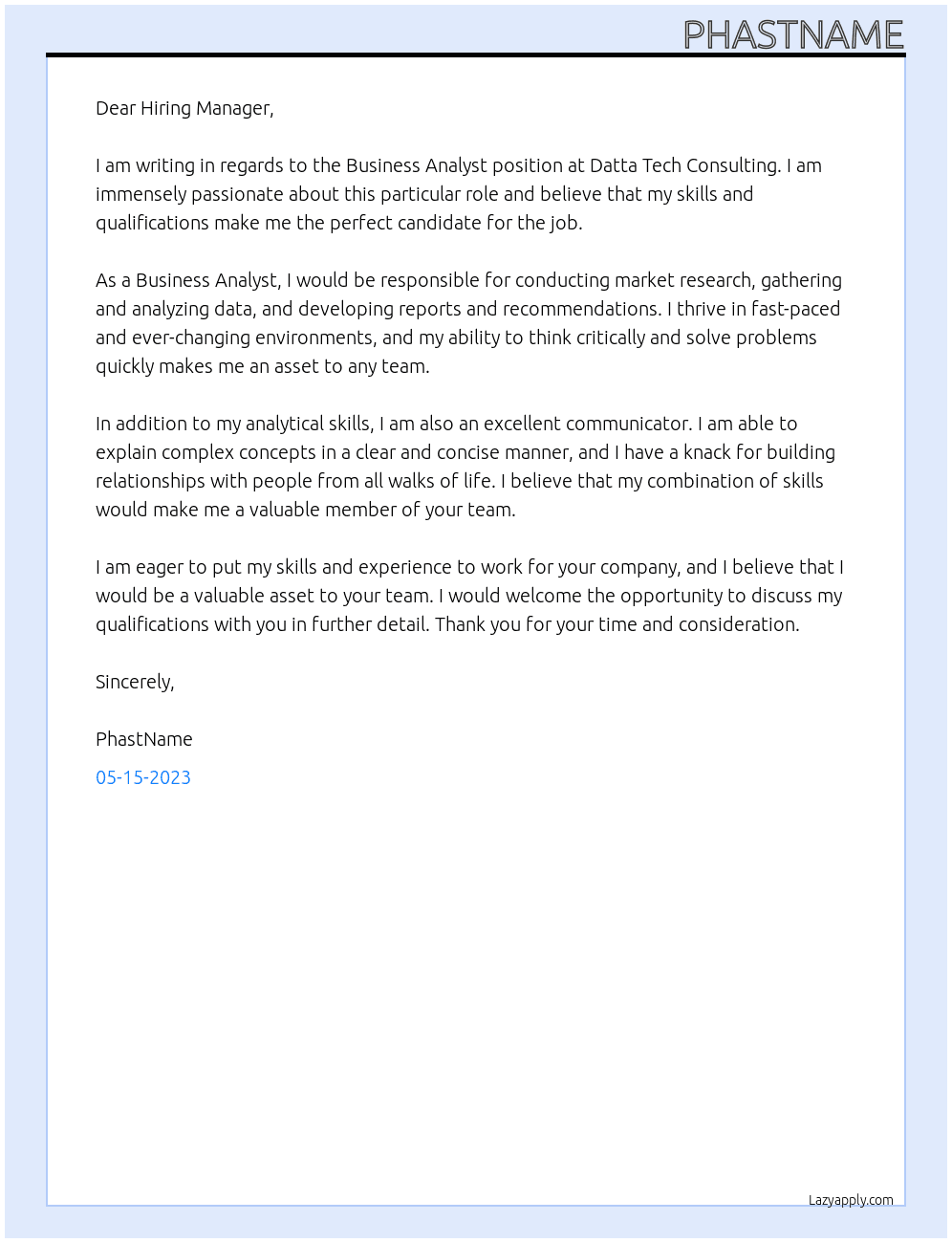 Business Analyst At Datta Tech Consultin Cover Letter