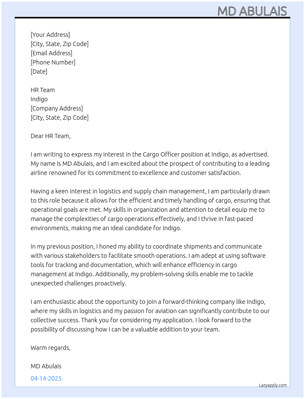 Cover letter for cargo officer - LazyApply