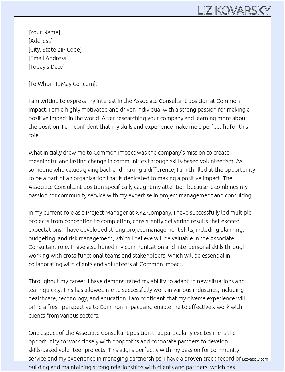 Associate Consultant At Common Impact Cover Letter