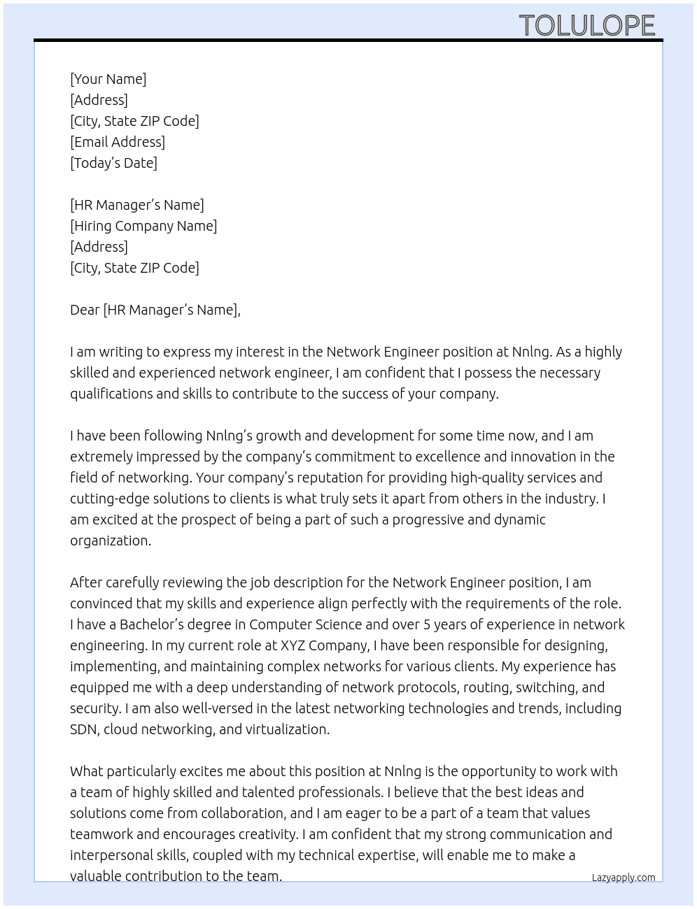 Network engineer  At Nnlng  Cover Letter