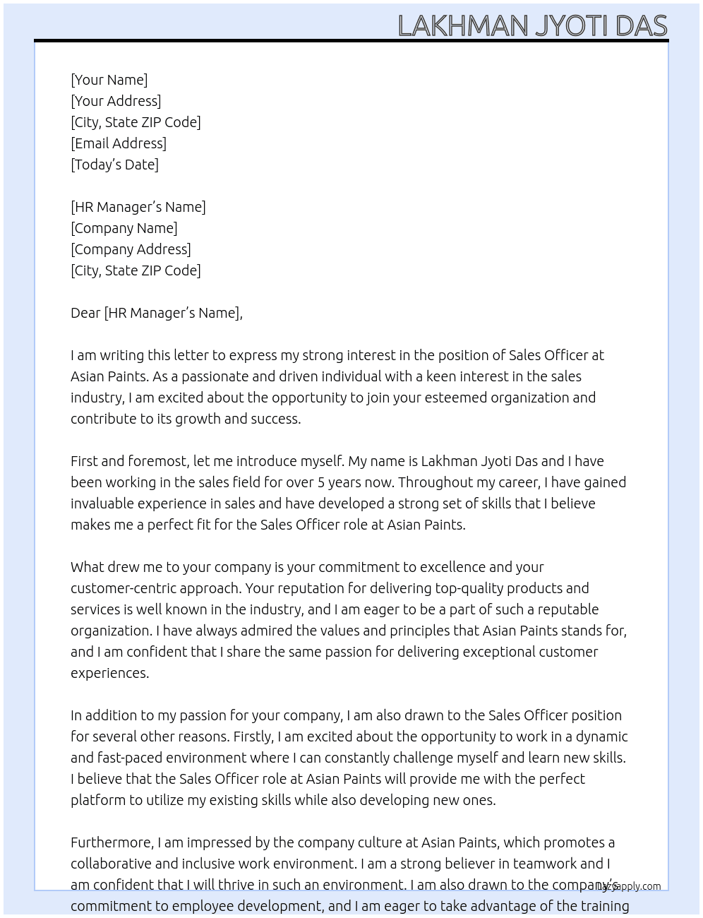 Sales officer  At Asian paints Cover Letter