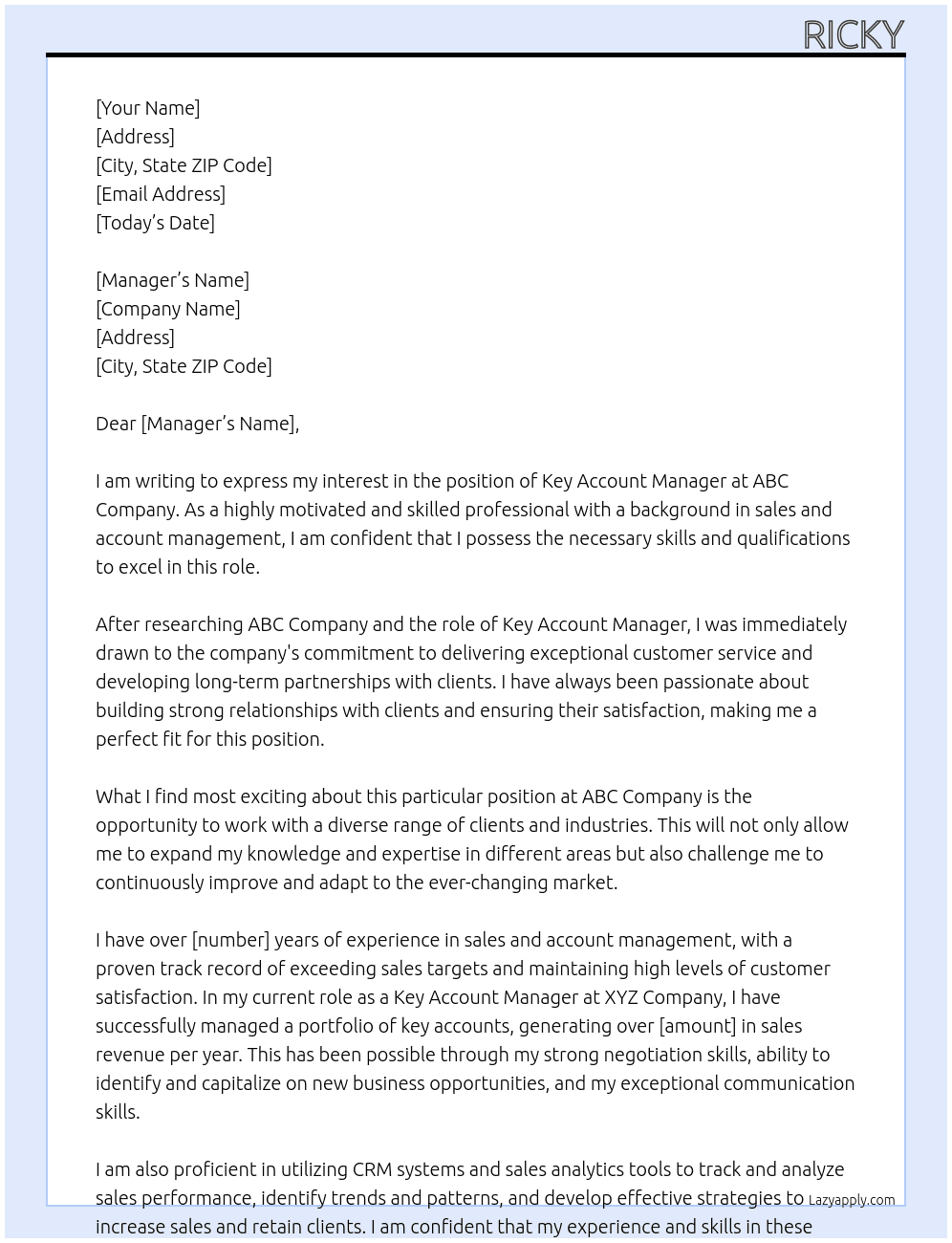 key account manager At abc Cover Letter