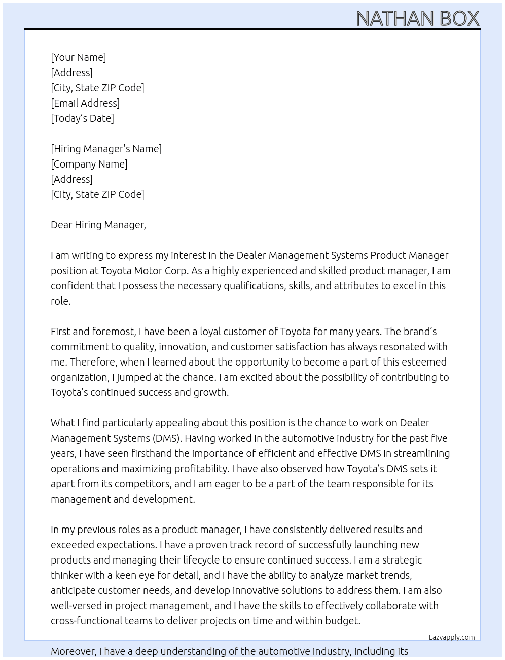 Dealer Management Systems Product Manager At Toyota Motor Corp Cover Letter