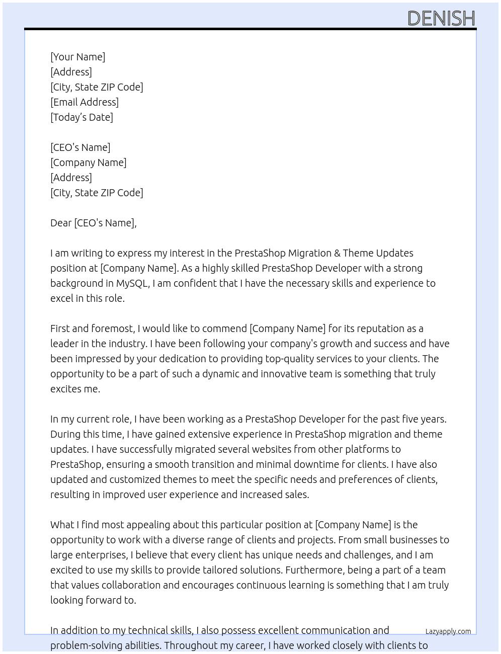 PrestaShop Migration & Theme Updates At Mark Cover Letter