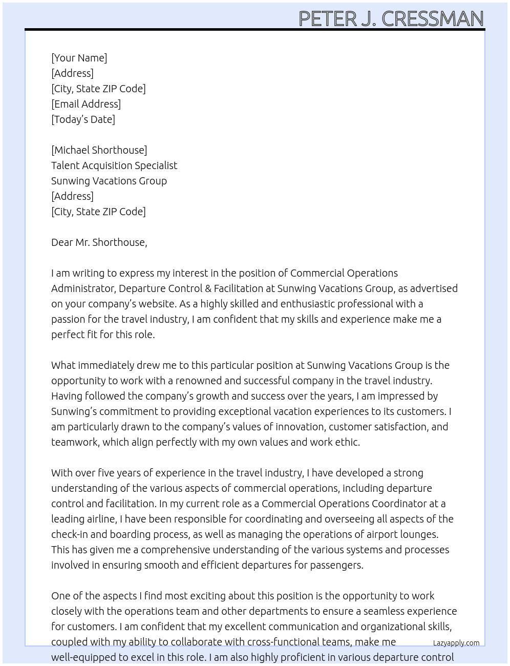 Commercial Operations Administrator, Departure Control & Facilitation At Sunwing Vacations Group Cover Letter