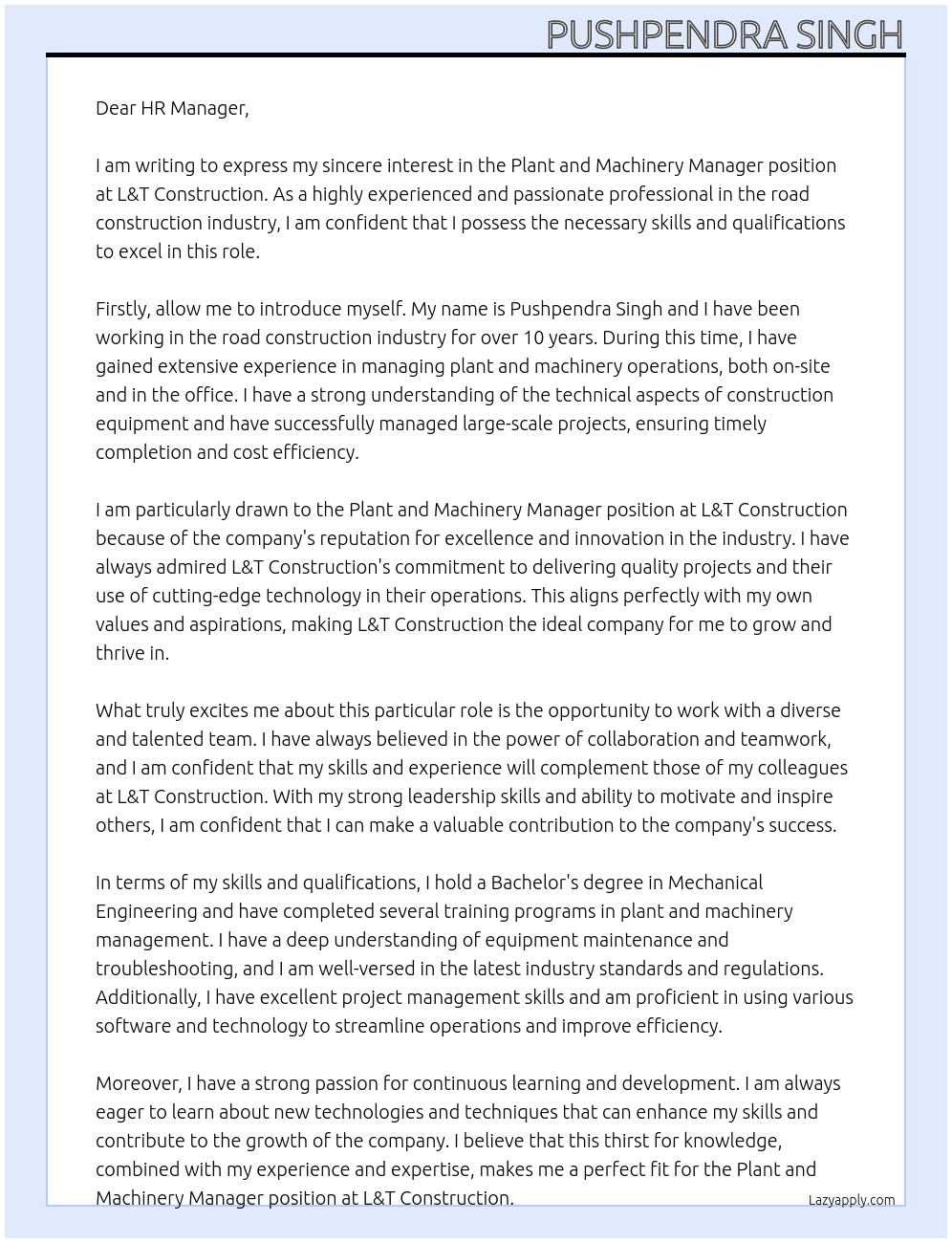 Plant and Machinery Manager in Road Construction industry At L&T Construction Cover Letter