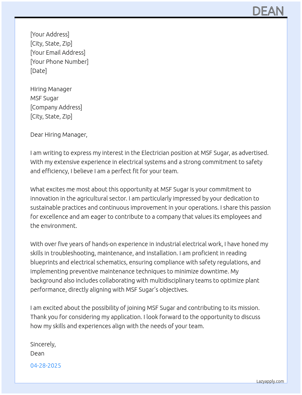 Electrican At MSF Sugar Cover Letter