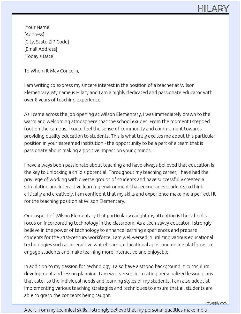 teacher At Wilson Elementary Cover Letter