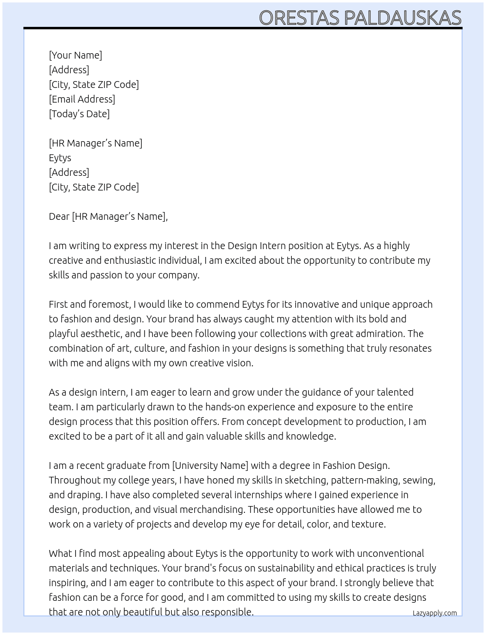 Design intern At Eytys Cover Letter