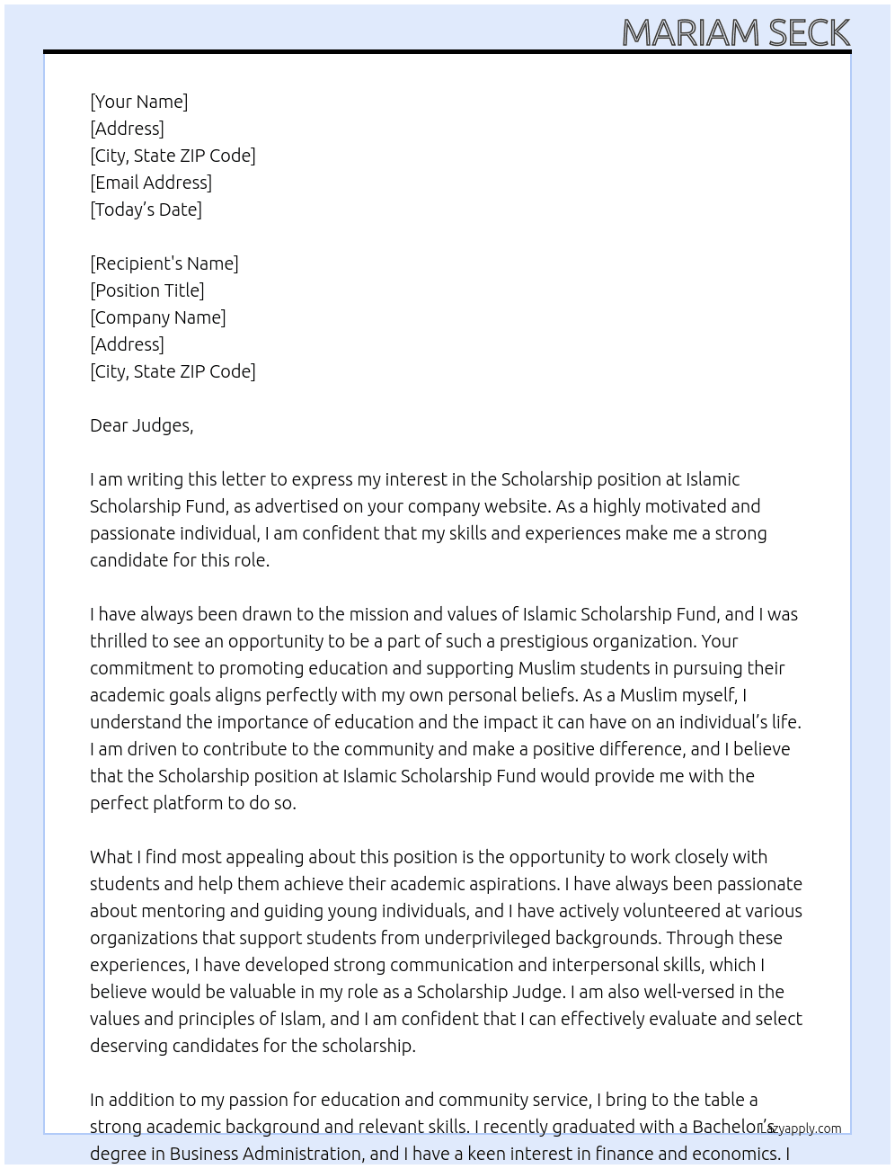 Scholarship  At Islamic scholarship fund Cover Letter