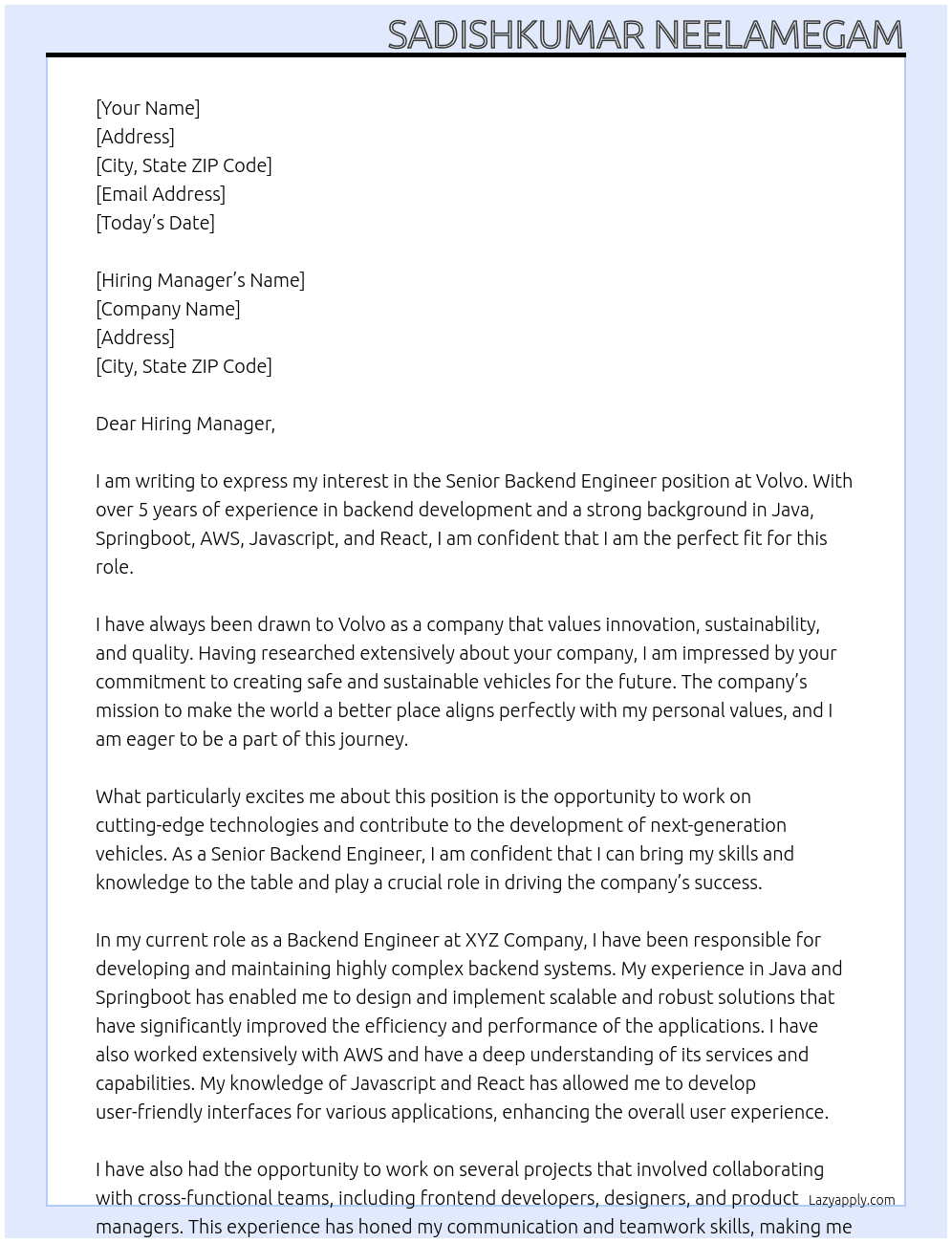 Senior Backend Engineer At Volvo Cover Letter