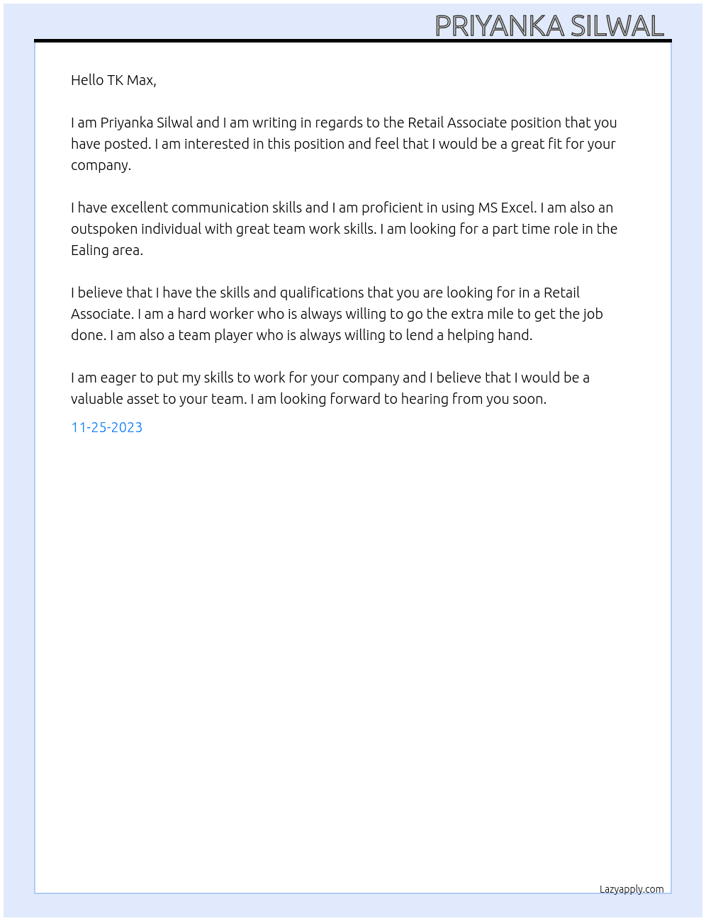 Retail associate  At TK max Cover Letter