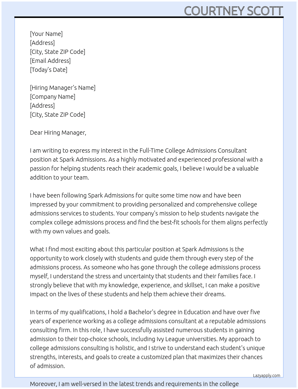 Full-Time College Admissions Consultant At Spark Admissions Cover Letter