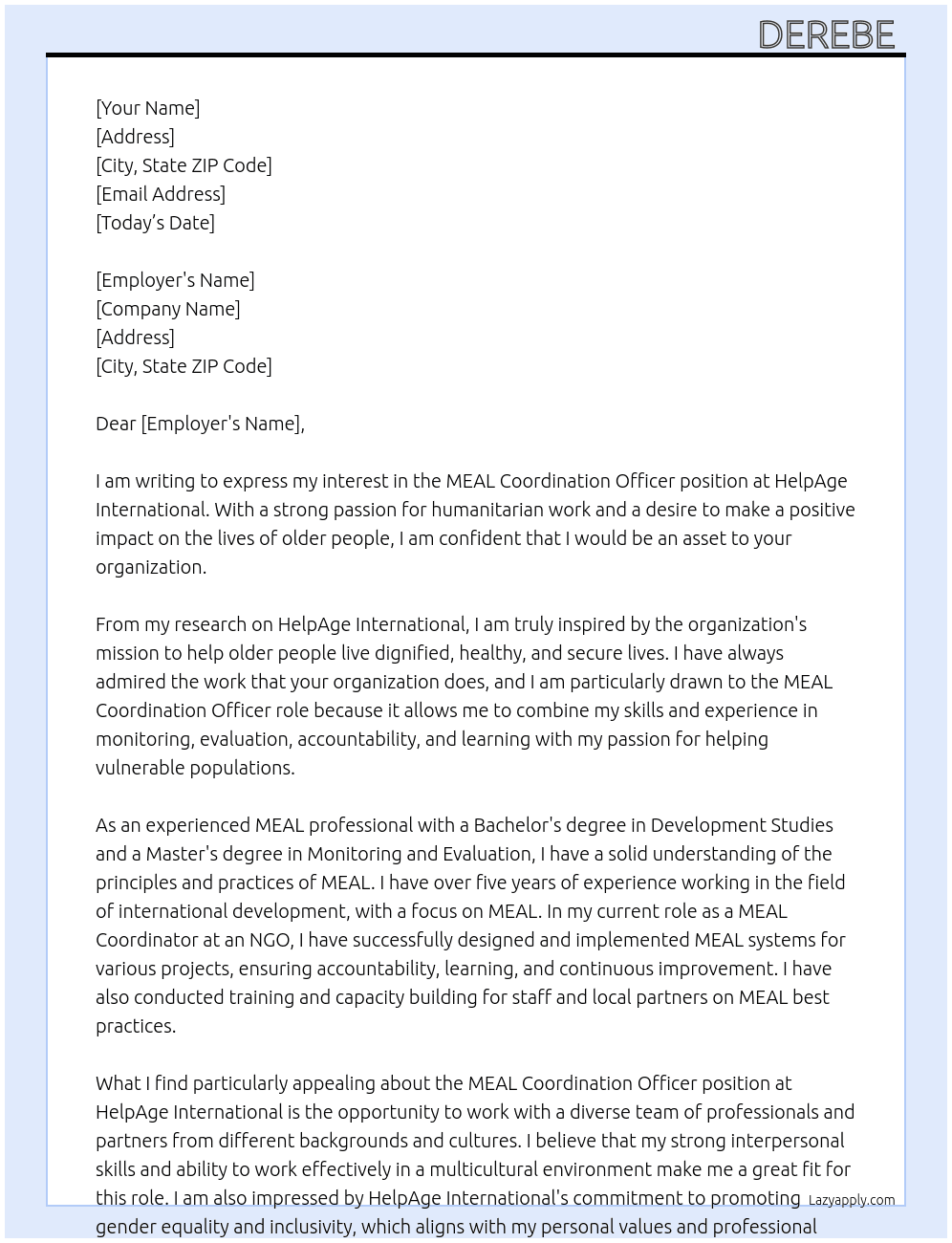 MEAL Coordination Officer  At HelpAge International Cover Letter