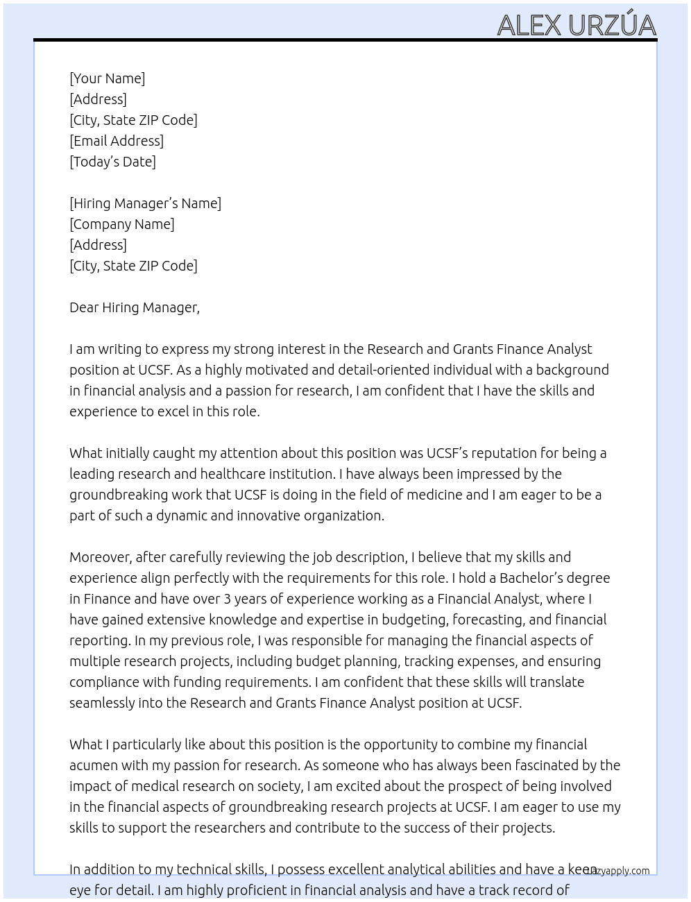 Research and Grants Finance Analyst At UCSF Cover Letter
