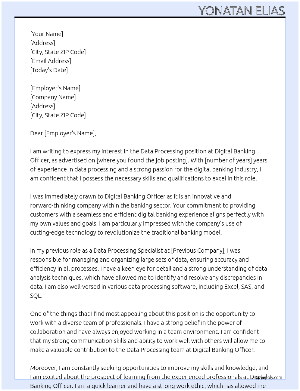 data processing At Digital Banking Officer Cover Letter