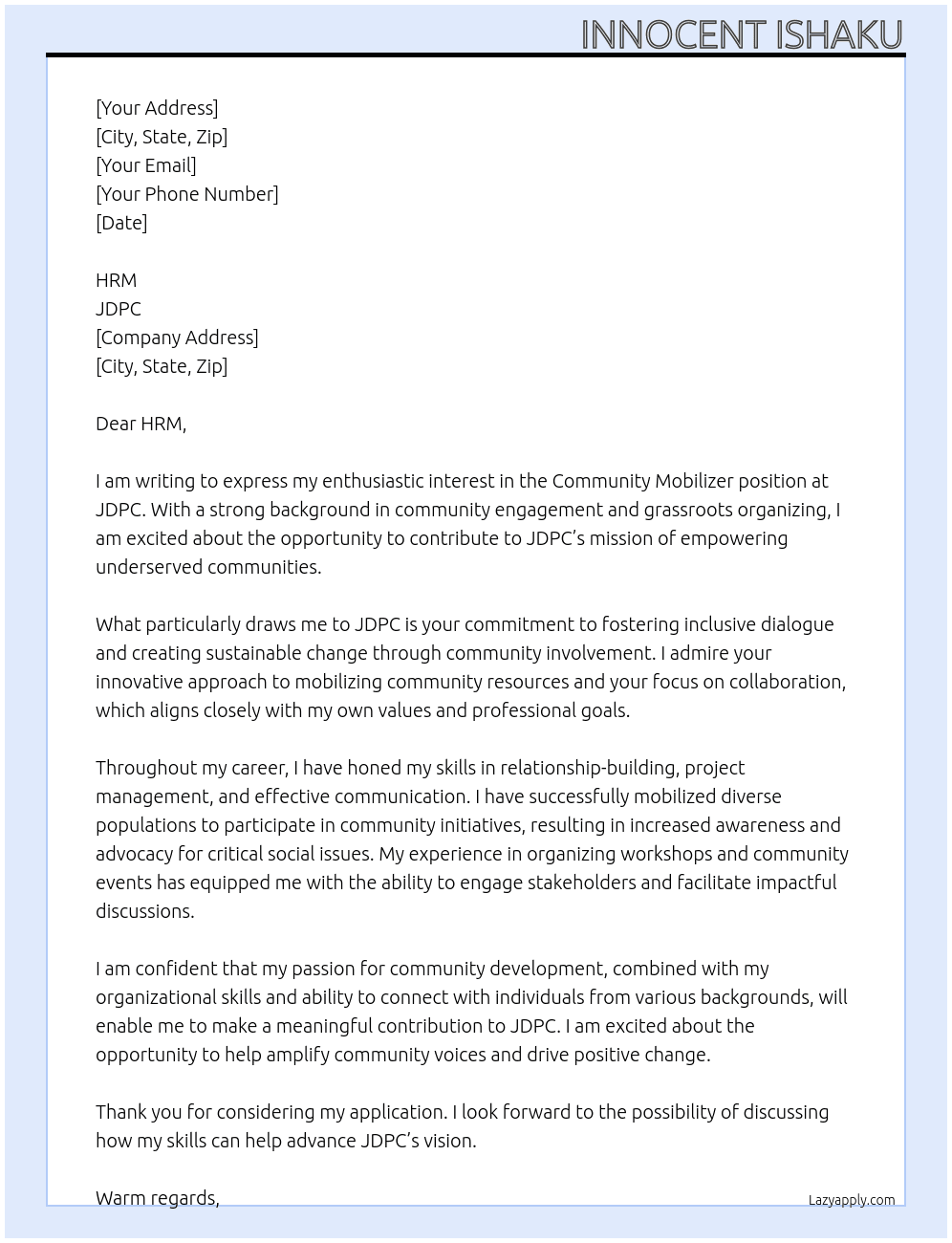 community mobilizer At jdpc Cover Letter