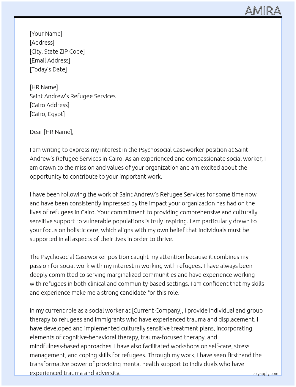 Psychosocial Caseworker At Saint Andrew’s Refugee Services, Cairo Cover Letter