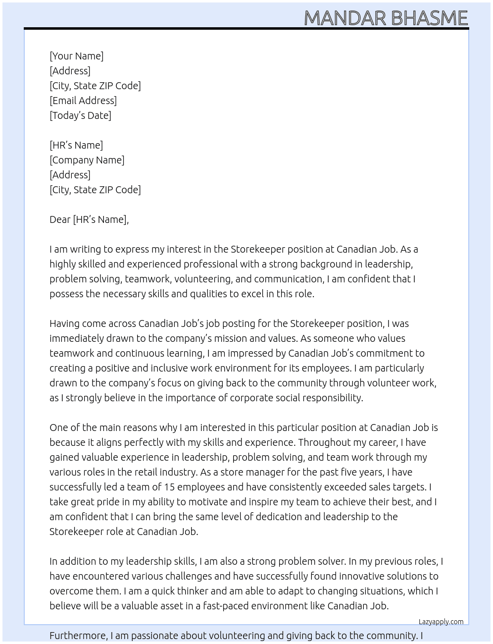 Storekeeper  At Canadian job Cover Letter