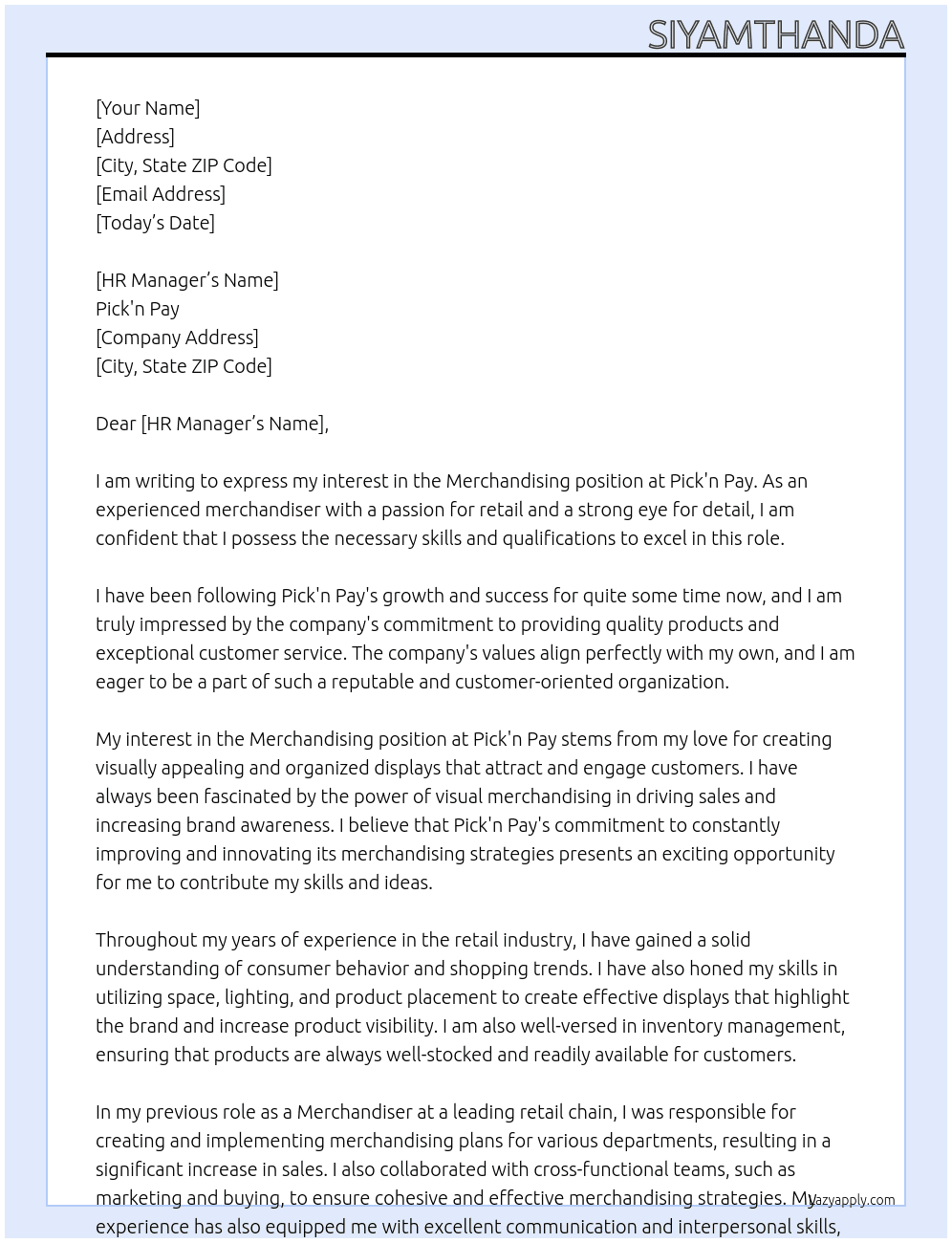 Merchandising At Pick'n Pay Cover Letter