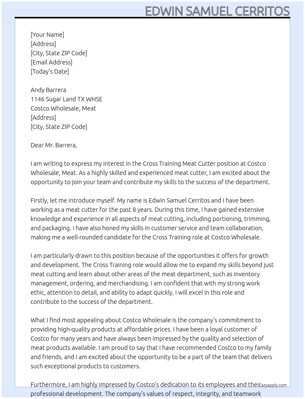 Cross Training Meat Cutter At Costco Wholesale, Meat Cover Letter