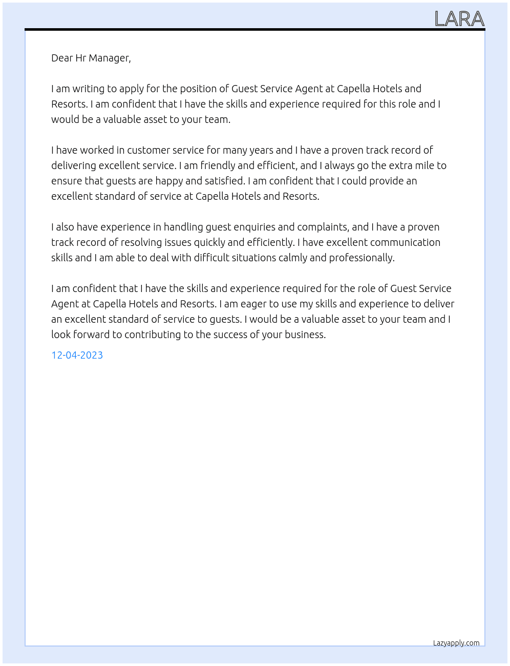 Guest Service Agent At Capella Hotels and Resorts Cover Letter