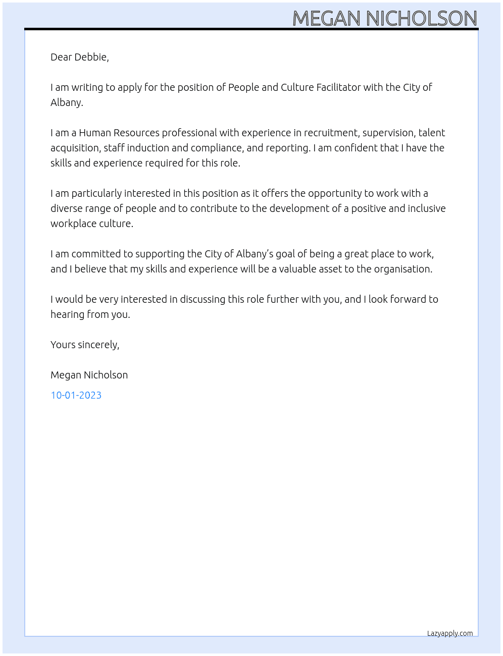 People and Culture Facilitator At City of Albany Cover Letter