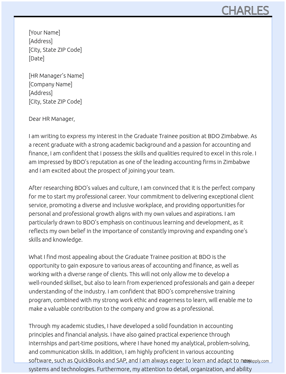 GRADUATE TRAINEE At BDO ZIMBABWE Cover Letter
