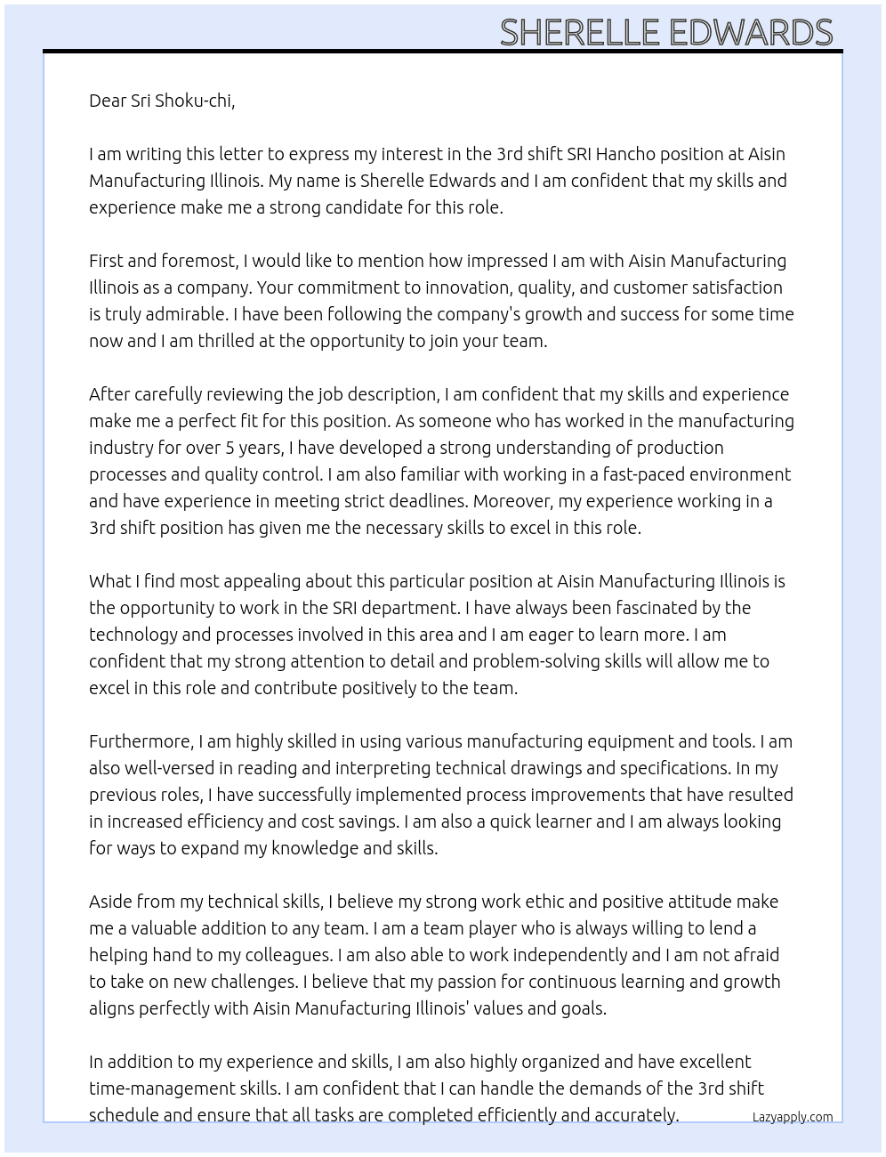 3rd shift SRI Hancho At Aisin Manufacturing Illinois  Cover Letter