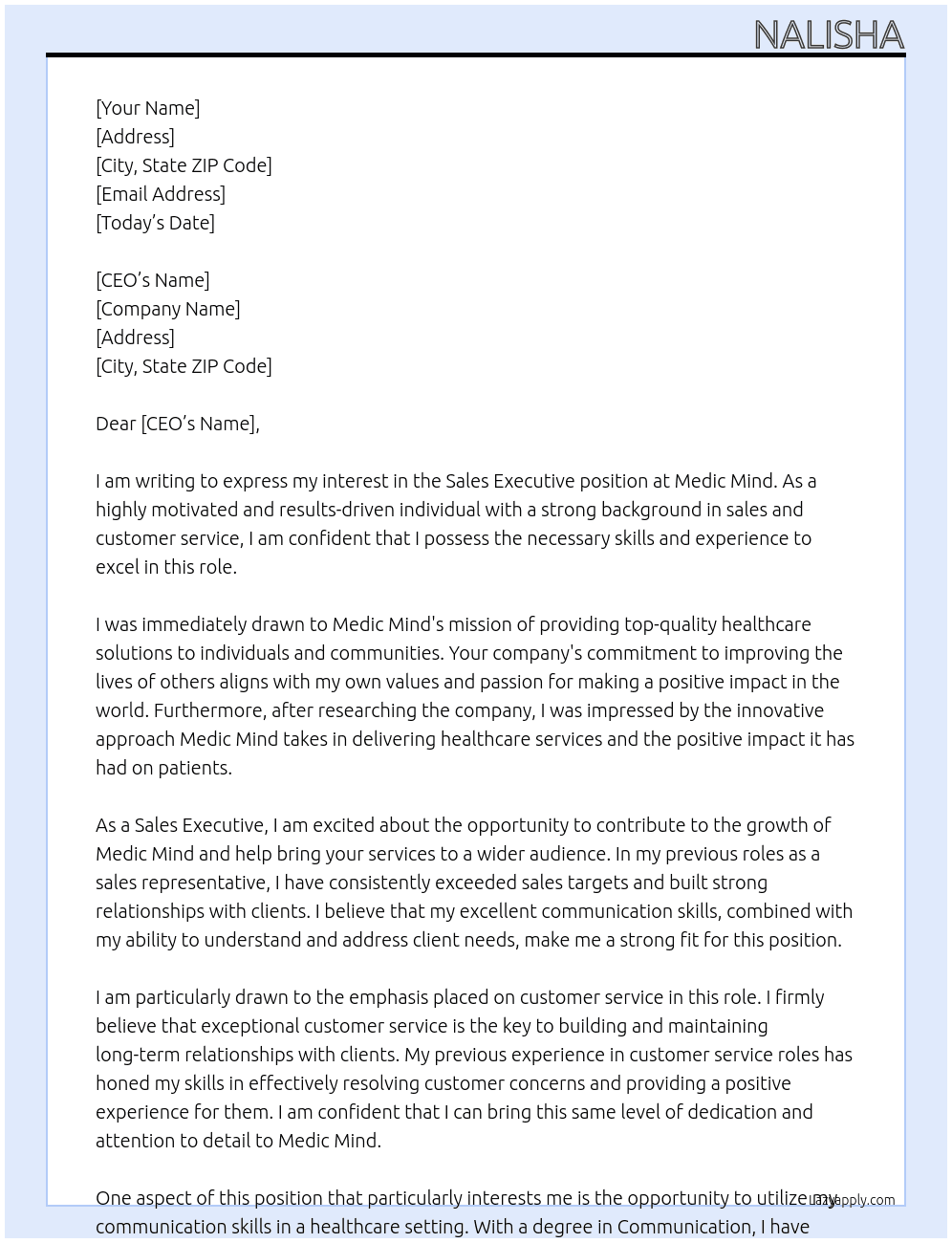 Sales executive At Medic mind Cover Letter